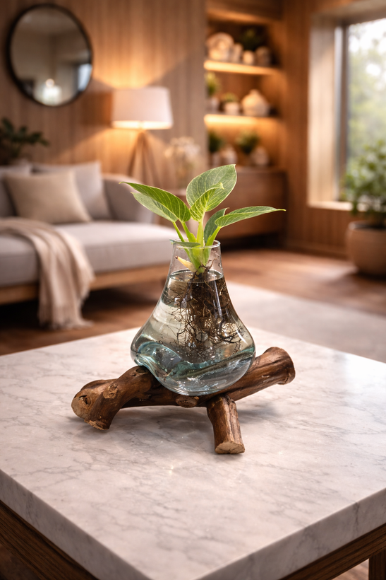 گلدان تلفیق چوب و شیشه مینیمال کد۲۵ (تک نسخه)