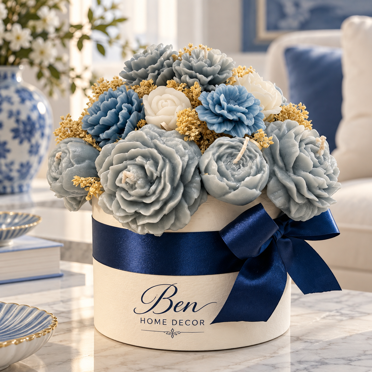 باکس شمع گل آبی ben home decor
