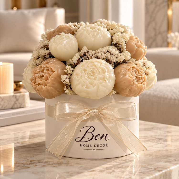 باکس شمع گل پیونی سفید نسکافه ای ben home